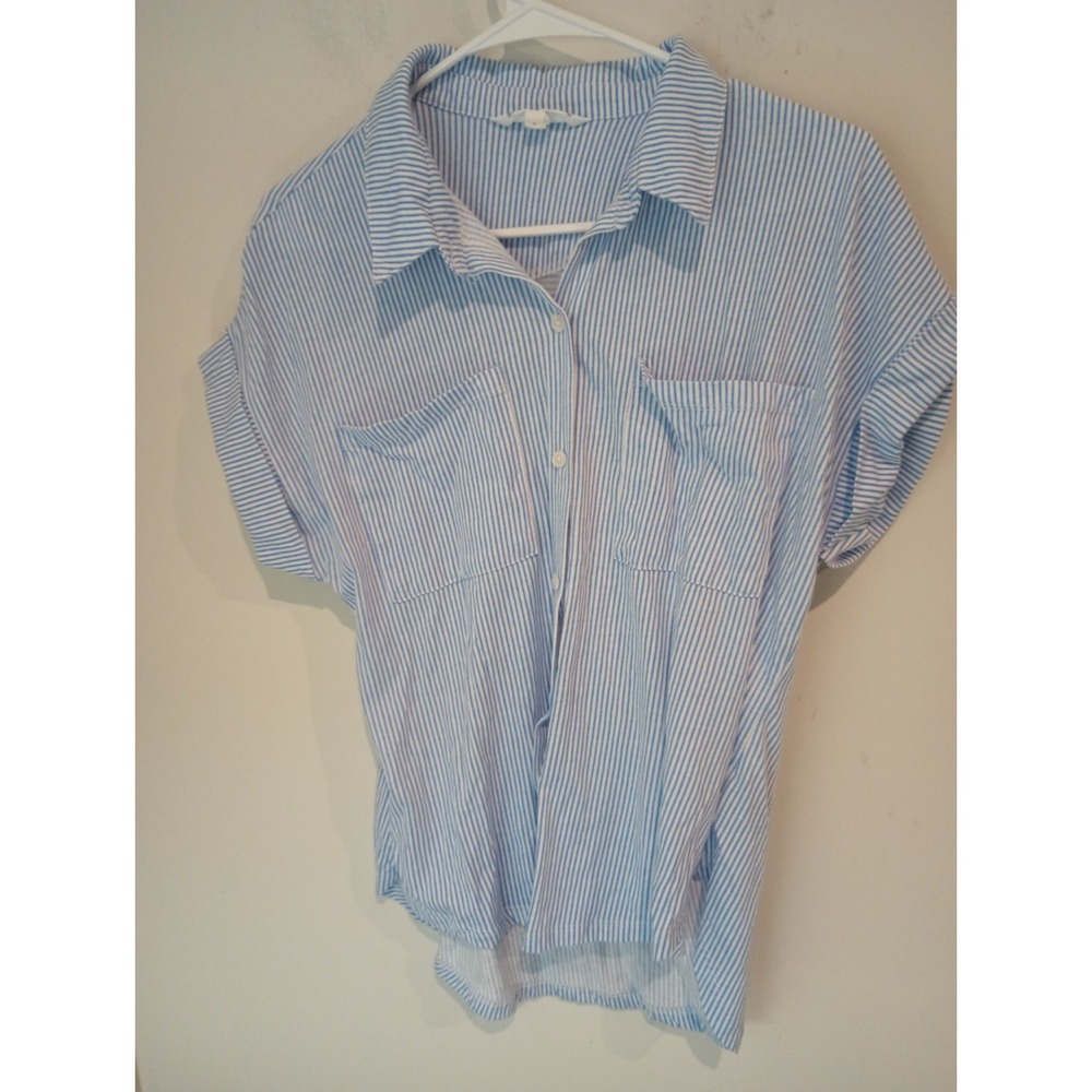Mesh+Lace Top Large L Blue White Stripe Coastal Grandmother Beach Button...